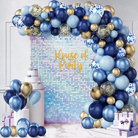 Blue And Gold Balloons Decoration, Blue And Gold Balloon Arch, Navy Blue Balloon Garland, Gold Themed Birthday Party, Blue And Gold Party, Golden Birthday Themes, Gold Balloons Decorations, Blue Balloon Garland, Gold Balloon Arch