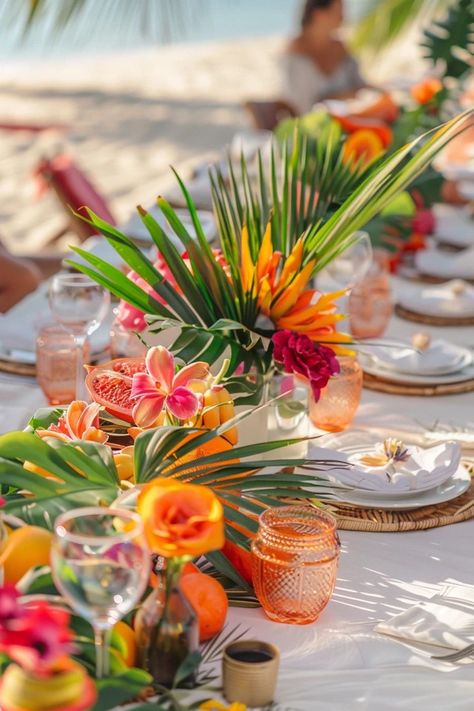 Adult Beach Party Ideas: Sun, Fun & Themes! Parrot Party Ideas, Florida Themed Party Decor, Tropical Theme Engagement Party, Tropical Aesthetic Party, Tropical Party Table Decorations, Tropical Beach Party Decorations, Coral Theme Party, Summer Flower Party, Tropical Sunset Wedding Theme