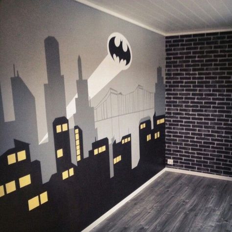 Bedroom with Gotham City mural and brick wallpaper for the Batman-fan! Batman Themed Room, Batman Themed Bedroom, Batman Decorations, Batman Bedroom, Batman Room, Kids Bedroom Wallpaper, Batman Decor, Iconic Celebrities, Superhero Bedroom