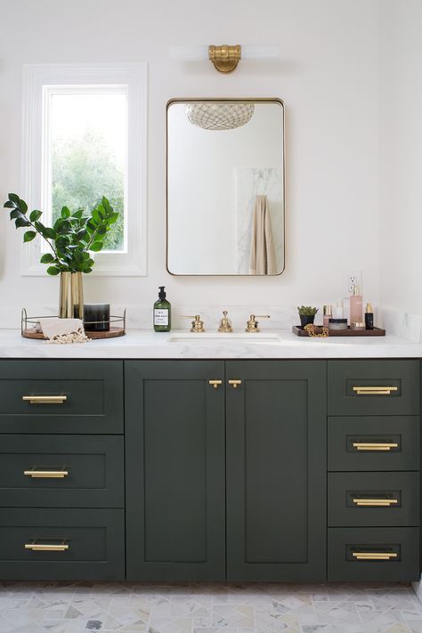 Bathroom Ideas Green Cabinets, Bathroom Vanity With Lower Shelf, Master Bath Vanity Paint Colors, Green Vanity With Gold Hardware, Green Cabinets Master Bath, Emerald Green Bathroom Cabinets, Custom Cabinet Bathroom, Forest Green Bathroom Vanity, Bathroom With Dark Green Cabinets