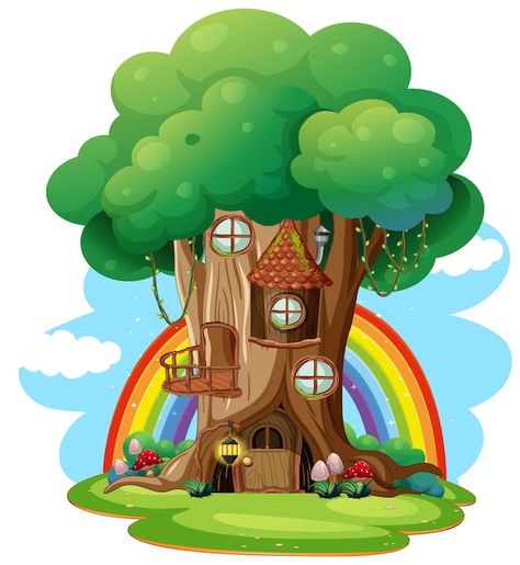 Isolated fantasy tree house on white bac... | Free Vector #Freepik #freevector #treehouse #forest-drawing #tree-clipart #hollow Tree House Designs Drawing, Tree House Painting Ideas, Tree House Drawing Simple, Treehouse Mural, Cartoon Tree Drawing, Tree House Cartoon, Cartoon Tree House, Treehouse Drawing, Tree House Illustration