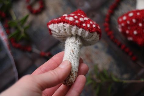 Sarah Price (@theworldwithout) • Instagram photos and videos Knit Christmas Ornaments, Knitted Christmas Decorations, Tree Toy, Fly Agaric, Crochet Mushroom, Scrap Yarn, Christmas Tree Toy, Ornament Pattern, Autumn Crafts