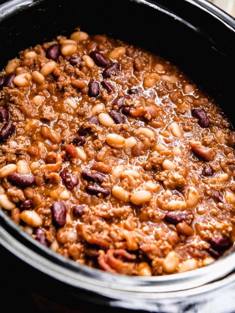 Slow Cooker Calico Beans, Calico Baked Beans, Calico Beans Recipe, Little Spoon Farm, Beans Recipe Crockpot, Calico Beans, Beans In Crockpot, Cowboy Beans, Pop Party