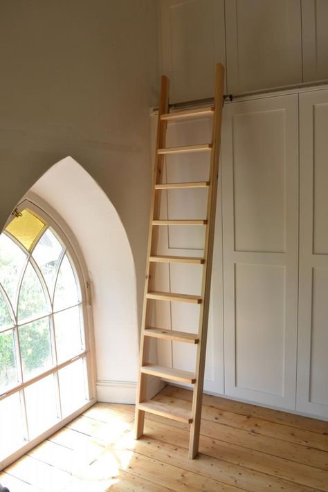 Closet With Stairs, Wardrobe With Ladder, Closet With Ladder, Wardrobe Ladder, Ladder Wardrobe, Wardrobe Stairs, Converted Chapel, Treehouse Bedroom, Cupboards Design