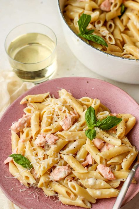 pasta on a plate with glass of wine and pot of pasta. Blonde Recipes, Fresh Salmon, Salmon Pasta, Dinner Meal, Italian Dinner, Vegan Comfort Food, Pasta Shapes, Seafood Dinner, Easy Dinners