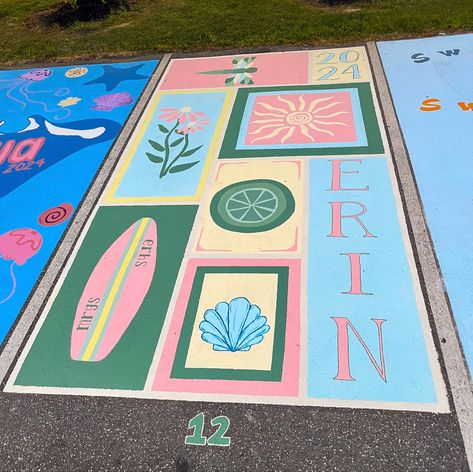 Senior Sidewalk Painting, Beach Theme Senior Parking Spot, Boho Senior Parking Spot, Star Wars Senior Parking Spot, Parking Spaces Painting, Spotify Senior Parking Spot, Senior Parking Spaces Beach Theme, Senior Parking Spot Girly, Grad Parking Spot Ideas