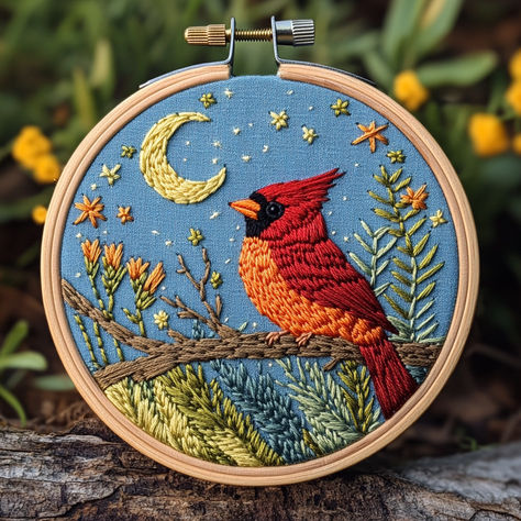 Celebrate the beauty of nature with this Cardinal and Moon Hand Embroidery Pattern! 🌟🐦 This charming design is perfect for bird lovers and embroidery enthusiasts of all skill levels. Create stunning hoop art featuring a vibrant cardinal perched on a branch under a starry sky. Instantly downloadable, this pattern makes embroidery stitching a delightful experience. Let’s stitch and bring this beautiful scene to life! #HandEmbroidery #EmbroideryPattern #CardinalArt #NatureCrafts #DIYEmbroidery Moon Embroidery, Winter Cardinal, Winter Bird, Holiday Craft, Hand Embroidery Pattern, Nature Crafts, Bird Design, Diy Embroidery, Hoop Art