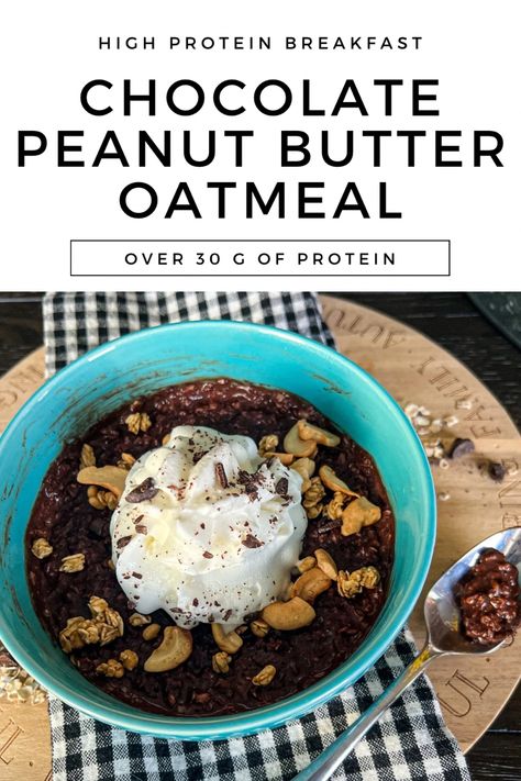 Kickstart your morning with this creamy, high-protein chocolate peanut butter oatmeal recipe! Packed with over 30g of protein, this easy breakfast combines dessert flavors with nutritious ingredients to fuel your fitness goals. Perfect for meal prep, this protein-packed oatmeal will keep you satisfied and energized all morning, and comes together in less than 5 minutes. Give it a try and let me know how it goes in the comments! High Protein Breakfast No Eggs, Oatmeal High Protein, High Protein Oats, Dessert Flavors, Chocolate Peanut Butter Oatmeal, 30g Of Protein, Oatmeal Dessert, Chocolate Peanut Butter Brownies, Protein Rich Breakfast