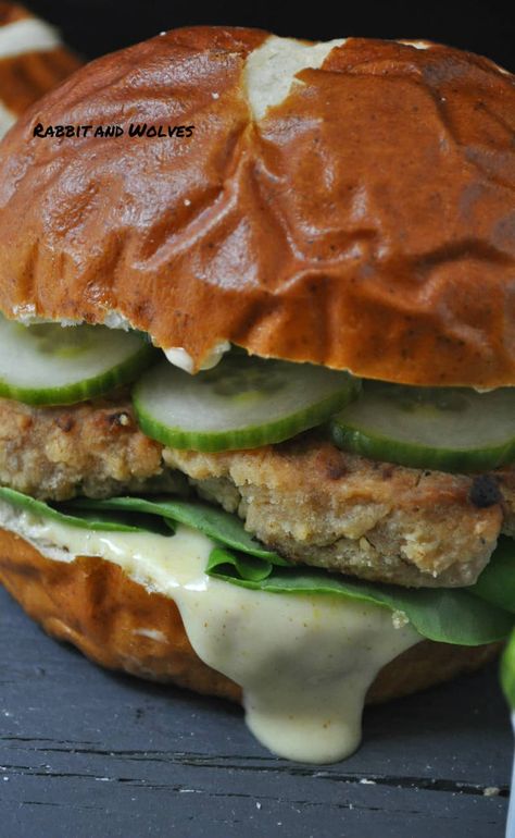 Vegan Seitan "Chicken" Sandwich with Quick Pickle and Sweet Mustard Sauce - Rabbit and Wolves Vegan Chicken Sandwich, Sweet Mustard Sauce, Rabbit And Wolves, Plant Based Meat, Seitan Chicken, Quick Pickle, Vegan Seitan, Vegetarian Sandwiches, Quick Pickles