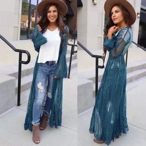 Dainty And Romantic Teal Eyelash Lace Long Duster Kimono Wrap With Long Sleeves And Tassel Trimmed Corded Tie So It Can Be Tied Closed If Desired. Perfect For A Daytime Or Evening Look And Is Also Cute As A Swim Coverup. One Size Fits Most. Material: 100% Polyester Our Boutique Is Filled With A Curated Collection Of Styles: Spell Gypsy Boho Bohemian Hippie Retro Vintage Handmade Coachella Festival Free People Anthropologie Johnny Was Urban Outfitters Western Aztec Tribal Floral Vacation Fall Win Duster Outfit, Duster Kimono, Western Aztec, Kimono Outfit, Maxi Kimono, Long Duster, Kimono Duster, Embroidered Lace Dress, Kimono Wrap