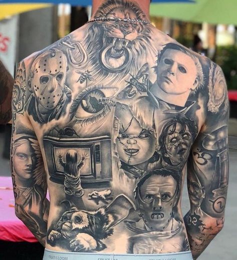 Movie Character Tattoos, Tattoos Horror, Horror Movie Tattoos, Portrait Tattoos, Movie Tattoo, Back Piece Tattoo, Movie Ideas, Movie Tattoos, Scary Tattoos