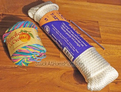 How to Crochet a Basket - Rectangle Bottom Crochet Over Rope, Rectangle Crochet Basket Pattern Free, Rope Bowl Tutorial, Diy Crochet Rope Basket, Rope Rug, Diy Rope Basket, Crochet Storage Baskets, Scrap Yarn Crochet, Crochet Basket Pattern Free