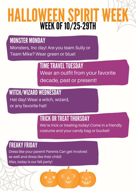 Halloween Theme Spirit Week, Preschool Halloween Spirit Week, Fall Break Spirit Week, October School Themes, Spirt Week Ideas For Work, Halloween Spirit Days For School, October Dress Up Days, Halloween Dress Up Days For School, Spirit Week October