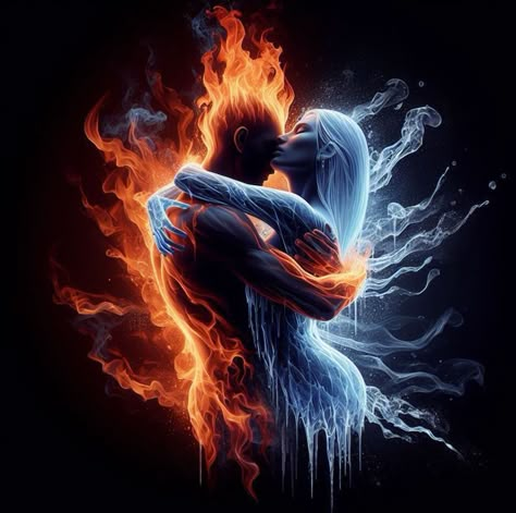 Fire Guy Art, Fire And Water Couple, Lovers Illustration Art, Fire And Ice Tattoo, Fire And Water Art, Wallpaper For Lovers, Biomech Tattoo, Twin Flame Art, Water And Fire