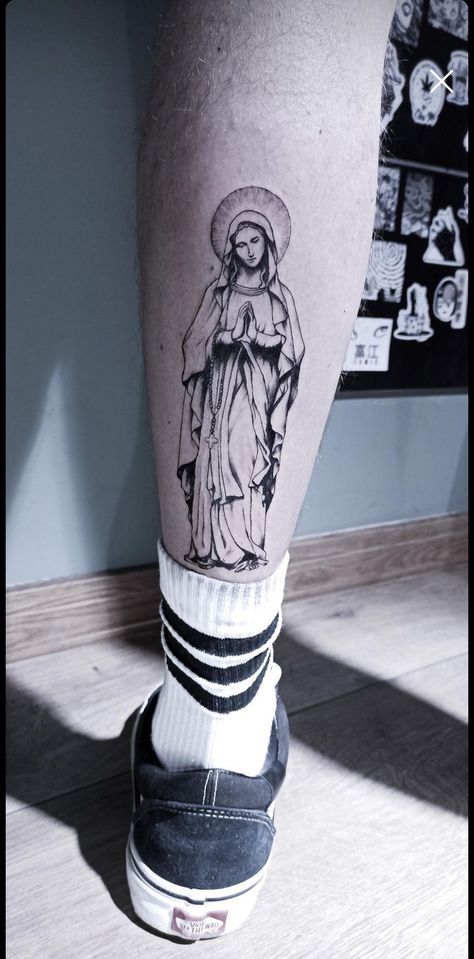 165+ Spectacular Virgin Mary Tattoos With Meaning (2023) - TattoosBoyGirl Mary Tattoo Traditional, St Mary Tattoo, Marry Tattoo, Virgin Mary Tattoo For Women, Complementary Tattoos, Ted Tattoo, Virgin Mary Tattoo Design, Virgin Mary Tattoos, Madonna Tattoo