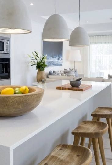 concrete pendant lights + white kitchen + wood stools White Kitchen Pendant Lights, Kitchen Benches, Kitchen Pendant Lighting, Trendy Kitchen, Kitchen Stools, Open Plan Kitchen, Wood Kitchen, Kitchen Counter, Home Decor Kitchen