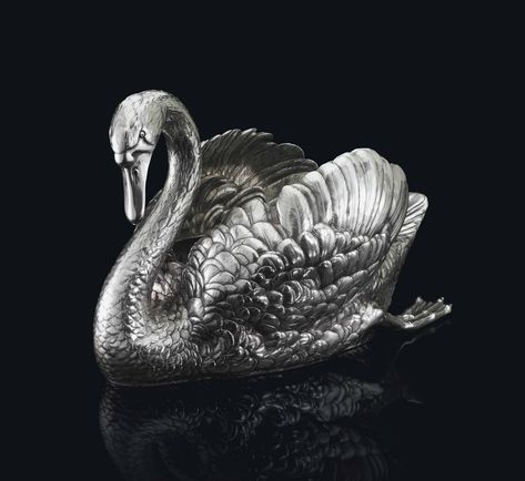 A MASSIVE SILVER SWAN-FORM CENTREPIECE MARKED FABERGÉ WITH THE IMPERIAL WARRANT, WITH THE WORKMASTER'S MARK OF JULIUS RAPPOPORT, ST PETERSBURG, 1899-1904, SCRATCHED INVENTORY NUMBER 11571.   Price realised: GBP 79,250 (USD 103,025).  26/11/12.  | Christie's Artist Thoughts, Swan Table, Faberge Jewelry, Silver Swan, Swan Song, Faberge Eggs, Silver Ornaments, Russian Art, Silver Art