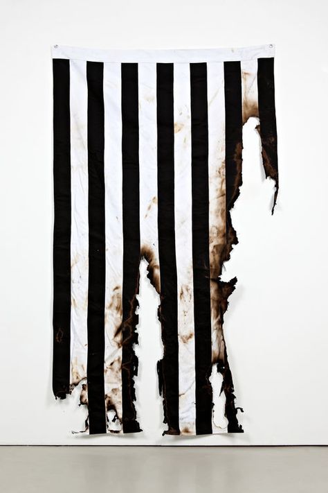 Gardar Eide Einarsson, Burned Flag (Sons of Liberty), 2011, Burnt textile, 250 x 150 x 0.5 cm / 98.43 x 59.06 x 0.39” via Standard (Oslo) Black And White Flag, Portfolio Project, Flag Art, Black And White Stripes, Gothic Architecture, Textures Patterns, Prague, Installation Art, Art Images