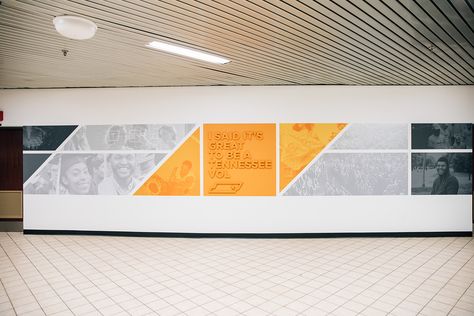 University of Tennessee: Arena Dining Lobby on Behance University Wall Design, Environmental Graphic Design Wall, Wall Graphics Design, University Interior Design, Office Wall Graphics, Office Graphics, Office Wall Design, Donor Wall, History Wall