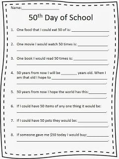 50th Day of School worksheet - and ideas for dressing up in 50's outfits etc 50s Day At School, 50th Day Of School, Spirit Day Ideas, Library Centers, November Ideas, It's Tuesday, 4th Grade Writing, Fall Kindergarten, Teacher Boards