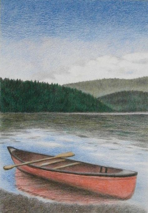 An abandoned canoe in a serene forest lake. Drawing Scenery, Color Pencil Sketch, Crayon Drawings, Pastel Sec, Colored Pencil Artwork, Acrylic Painting Lessons, Colored Pencil Drawing, Original Landscape, Nature Art Painting