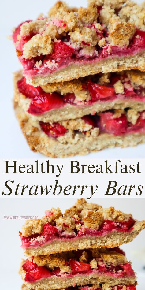 Healthy Breakfast Strawberry Bars With Oats - Beauty Bites Healthy Strawberry Desserts Clean Eating, Strawberry Oatmeal Breakfast Bars, Weight Watchers Granola Bars, Easy Strawberry Desserts Healthy, Strawberry Breakfast Recipes Healthy, Healthy Breakfast Strawberry, Strawberry Breakfast Recipes, Oatmeal Strawberry, Healthy Strawberry Recipes