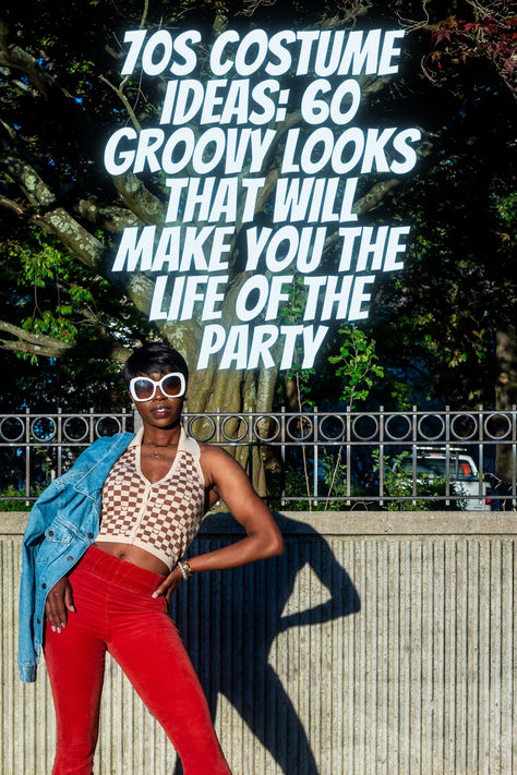 Fashionable woman posing with one hand on her hip in vibrant red bell bottoms, embodying the spirit of the 70s with the overlay text '70s Costume Ideas: 60 Groovy Looks That Will Make You the Life of the Party. 70 Costume Ideas 1970s 70s Party, Halloween Costumes 70s Theme, 70s Fashion Vintage Style Icons, 1970s Costume Ideas, 70 Halloween Costumes, 70s Costume Ideas For Women, Vintage Costume Ideas, 70s Costume Ideas, 70s Theme Party Outfit