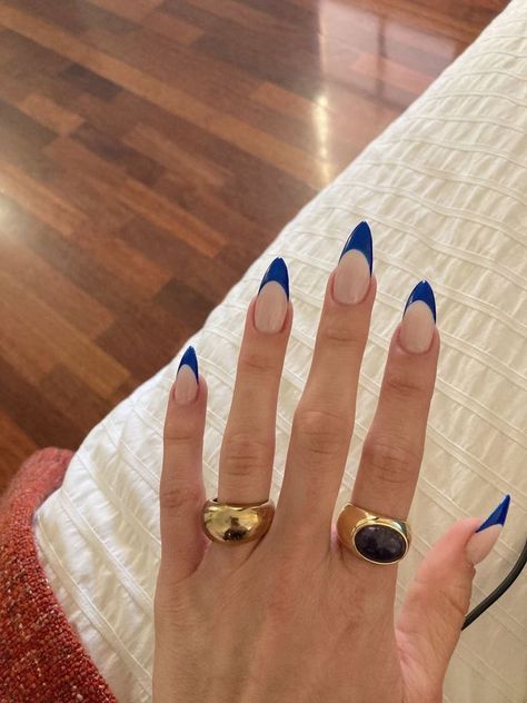 Dark Blue French Tip Nails Almond, Almond Blue French Tip Nails, Blue Nail French Tip, Blue Almond French Tip, Blue Acrylic Nails Almond, Acrylic Nail Designs Almond, French Blue Nails, French Tip Nails Blue, Nails Inspo Blue