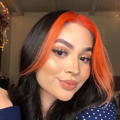 Orange Front Hair Streaks, Orange Front Pieces Hair, Black Hair Orange Bangs, Black Hair With Ginger Money Piece, Black Hair Orange Money Piece, Black Hair With Orange Money Piece, Orange Streaks In Hair, Orange Money Piece Hair, Orange Money Piece