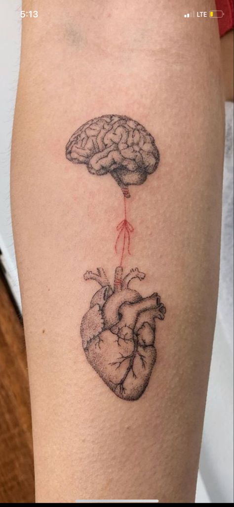 Brain Heart Scale Tattoo, Small Real Heart Tattoo, Head Over Heart Tattoo, Brain And Heart Tattoo Design, Anatomy Sleeve Tattoo, Simple Red Tattoos For Women, Brain Vs Heart Tattoo, Head Heart Tattoo, Half Heart Half Brain Tattoo