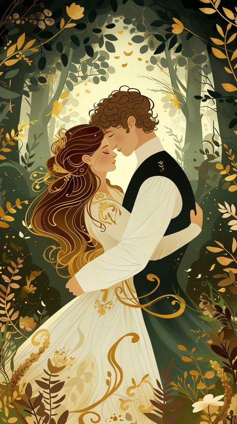 Cute Romantic Couple Art, Fantasy Couples Art, Fantasy Wedding Art, Couple Pose Art, Fairytale Couple, Cozy Couple, Romantic Illustration, Beauty And The Beast Art, Fantasy Couples