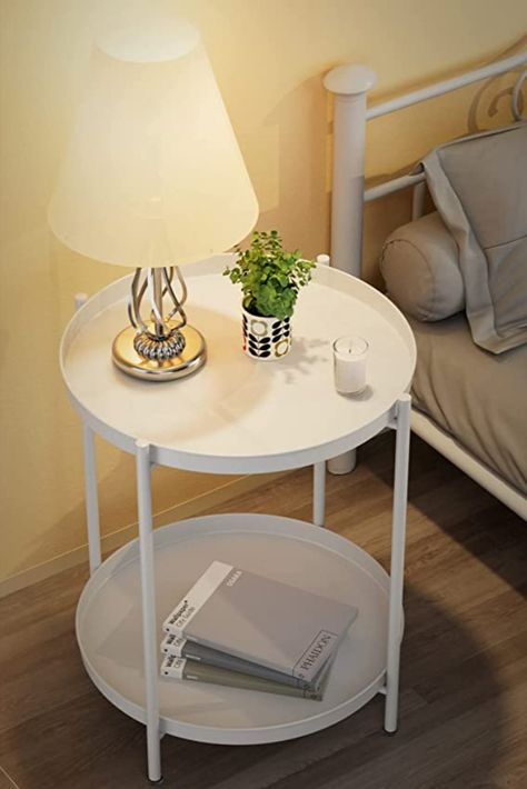 Small Table Decor Bedroom, Cute Side Tables For Bedroom, 2 Tier End Table, Small Table Decor, Simple Side Tables, Side Tables For Bedroom, White Patio, Unit Design, Living Room Plants