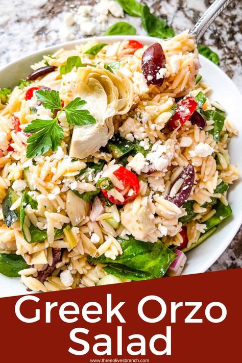 Greek Orzo Salad - Three Olives Branch Veggie Packed Pasta, Salad Artichoke, Ricotta Salad, Cauliflower Rice Salad, Recipe With Spinach, Salad Greek, Greek Orzo, Greek Orzo Salad, Feta Pasta Salad