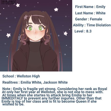 Emily White is an OC I use in H.P world and Unordinary! Unordiany her is a different version so they don't know the other exists. Same with all my other Unordinary OC's! Unordinary Oc, Unordinary Webtoon, You Dont Want Me, Character Ideas, First Names, Anime Character Design, Anime Character, Character Design, Bring It On