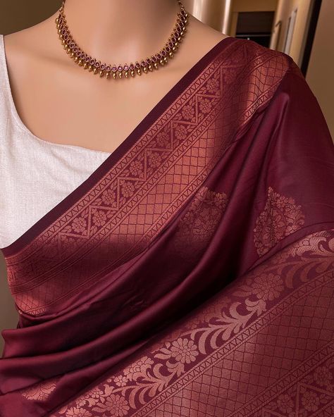 Www.Thejacouture.in > silk sarees > maroon art silk saree. . Maroon Art silk saree with copper zari design all over saree. Comes with maroon blouse piece. Saree height: 47 inches. Saree length: 5.5 meters. Blouse: 80cm . #maroon #maroonsaree #sareelove #india #sareeinspiration #indianwear #traditional #sareeday #indianwedding #sareestyle #instagood #sareecollection #sareelovers #sareedraping #sareeblousedesigns #sareenotsorry #beautiful #sareeseduction #ethnicwear #sareelover #indianfashio... Jewellery For Copper Zari Saree, Maroon Saree Wedding, Jewellery Ideas For Saree, Wine Saree Look, Maroon Wedding Saree, Maroon Colour Saree, Maroon Silk Saree, Maroon Saree, Indian Wedding Gowns