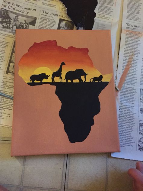 Africa Drawing Ideas, Easy Animal Paintings For Beginners, Africa Aesthetic Art, African Paintings Canvases, Africa Landscape Painting, Baddie Canvas Painting Ideas, Africa Art Painting, African Canvas Painting, Safari Painting