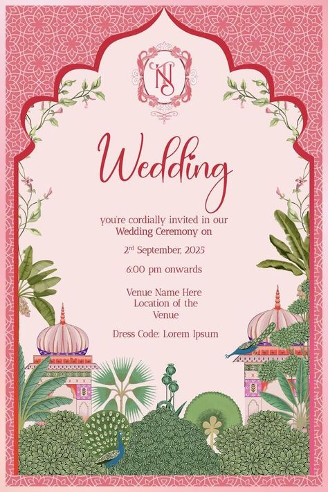 Mughal Background, Mehendi Invite, Mughal Wedding, Nikkah Nama, Wedding Illustrations, Pichwai Art, Janmashtami Decoration, Video Wedding, Digital Invitations Wedding