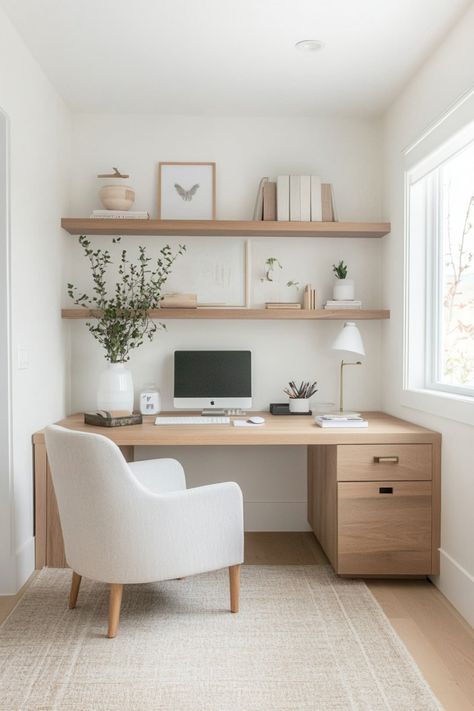 Try these simple Scandinavian decor ideas to give your home a real hygge feel. Work Room Ideas Home, Desk Next To Window, Home Office Ideas Aesthetic, Office Interior Design Simple, Two Monitor Desk Setup Office, Beige Home Office, Work From Home Set Up, Neutral Study, Small Home Office Ideas For Women