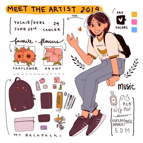 Meet The Artist Aesthetic, Meet The Character, Sketchbook Meet The Artist, Girl With Backpack Reference, Relatable Artist Things, Meet The Artist Drawing, About The Artist Meme, Steal Like An Artist Journal, Creative Drawing Prompts