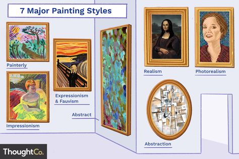 This look at seven major painting styles, from realism to abstract expressionism, includes works by some of history's best-known artists. Types Of Art Styles, Tree Drawings Pencil, Modern Art Styles, Painting Styles, Different Art Styles, Photorealism, Types Of Painting, Fashion Painting, School Art