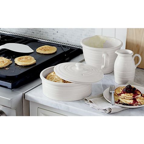 Shop Farmhouse White Pancake Warmer.  Gather for a hearty pancake breakfast or supper with a heap of steamy flapjacks kept warm for serving. Pancake Warmer, Best Kitchen Tools, Pancake Breakfast, Farmhouse White, Batter Bowl, Stoneware Dishes, Breakfast Pancakes, Thrown Pottery, Savoury Cake