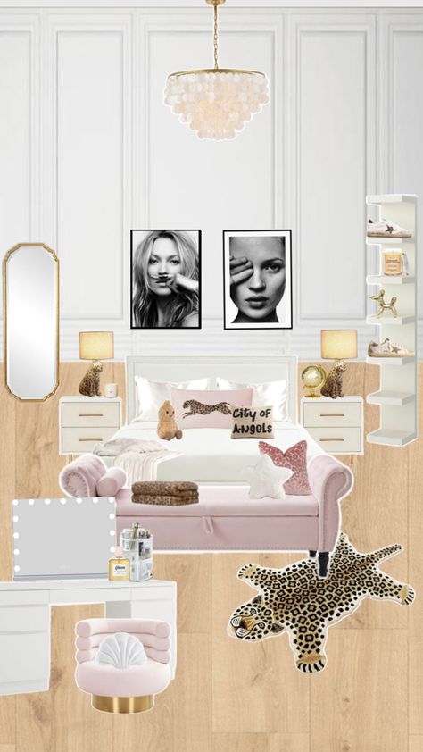 Pink, leopard, Kate moss, stolkholm, gold room Chic Girly Bedroom, Leopard Aesthetic Room, Pink Leopard Aesthetic, La Room Aesthetic, Nyc Dorm Room Aesthetic, Kate Moss Bedroom Aesthetic, Room Inspo Cheetah, Pink Cheetah Room Ideas, Pink Gold And White Room