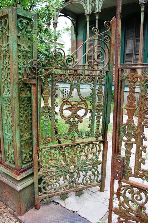 I love the verdigris finish on the gate and house.... Store Ornaments, Diy Christmas Decorations Dollar Store, Old Gates, Magic Garden, Wrought Iron Gates, Door Gate, Iron Work, Iron Gates, Office Christmas