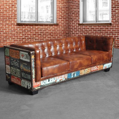 Vintage Industrial Loft 3-Seater Sofa Tufted Brown Faux Leather Upholstered Sofa Industrial Decor Living Room, Sofas Vintage, Midcentury Art, Vintage Industrial Decor, Simple Sofa, Home Architecture, Vintage Industrial Furniture, Automotive Decor, Leather Couch