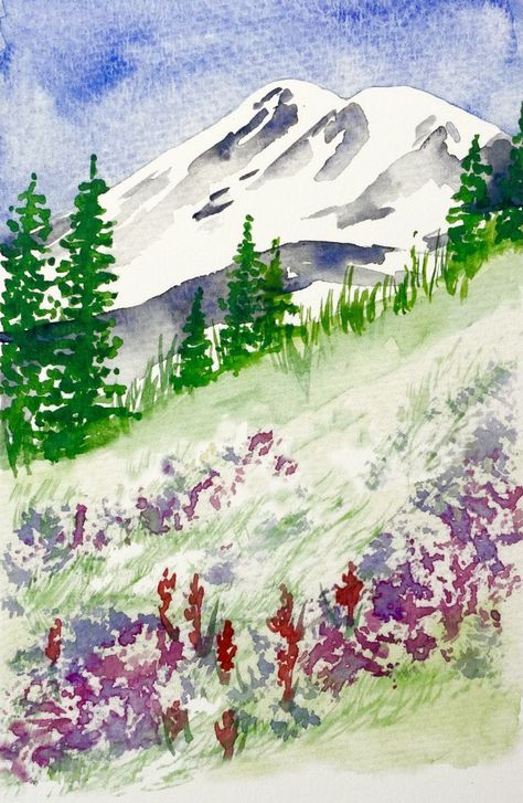 This watercolor of Mt. Rainier in Washington is a print of an original painting by Jeanne Anderson. Mt Rainier Watercolor, Mt Rainier Painting, Minneapolis Apartment, Lilac Paint, Mountain Watercolor, Mountain Scenes, Mountain Flowers, Large Landscape Painting, Landscape Watercolour