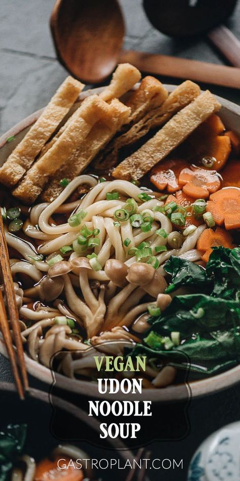 Vegan Udon Noodle Soup | Features a homemade vegetable broth with a smoky umami, a variety of fresh veggie toppings, and crispy tofu. It’s a bowl of instant comfort on a cold day. And the soup makes a great tempura dipping sauce. Vegan Udon Noodles, Tempura Dipping Sauce, Vegan Udon, Udon Noodles Recipe, Udon Soup, Tempura Recipe, Udon Noodle Soup, Homemade Vegetable Broth, Udon Noodle