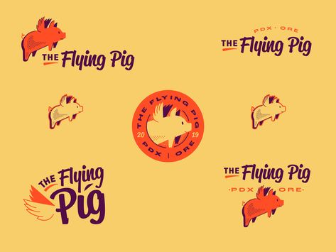 The Flying Pig - Brand Family flying pig pig wings mammals animals illustration logo branding Pig Restaurant, Pig Wings, Mammals Animals, Bathroom Candles Decor, Pig Graphic, Pig Logo, Coin Logo, Candles Decor, Animals Illustration