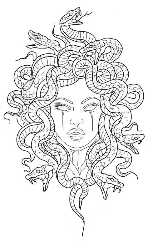 Artemis Goddess Art Drawing, Medusa Line Drawing, Medusa Coloring Page, Odysseus Tattoo, Medusa Chest Tattoo, Medusa Outline, Feminine Medusa Tattoo, Medusa Line Art, Medusa Tattoo Stencil