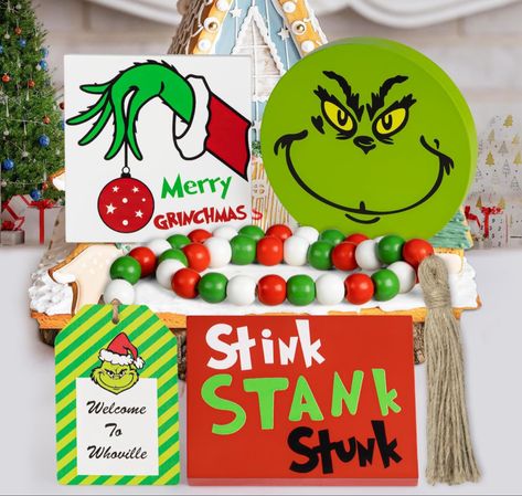 Grinch Christmas Decorations - Christmas Tiered Tray Decor - Green Christmas Wood Signs Bead Garland - Farmhouse Grinch Decor for Table Mantel Xmas : Home & Kitchen Merry Grinchmas Sign, Christmas Boxes Decoration, Christmas Wood Signs, Christmas Tiered Tray Decor, Grinch Decorations, Christmas Tiered Tray, Grinch Christmas Decorations, Grinch Ornaments, Christmas Mantel Decorations