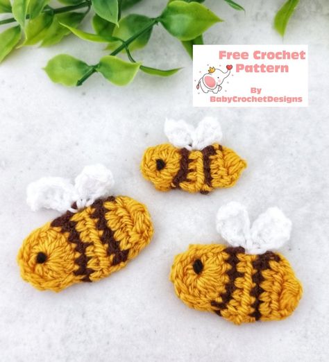 Bee Applique — Baby Crochet Designs Crochet Bee Pattern Free Flat, Aplique Bee Crochet, Crochet Bumble Bee Applique Pattern Free, Crochet Spring Applique, Crochet 2d Animals, Crochet Bee Sweater, Crochet Bee Applique Free Pattern, Crochet Mini Applique, Small Crochet Bee Pattern Free